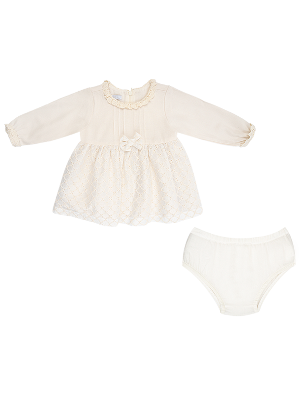 پیراهن دخترانه مدل کرم پرنسسی پاپیونی 1