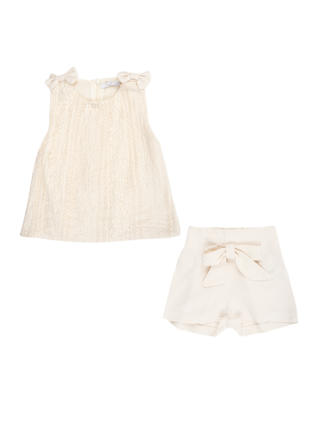 تاپ و شلوارک دخترانه مدل کرم پاپیون دلبر2 1