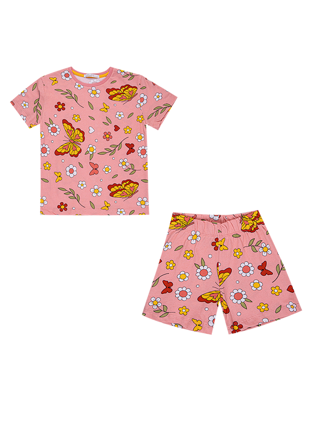 تیشرت و شلوارک دخترانه مدل گل و پروانه صورتی 1