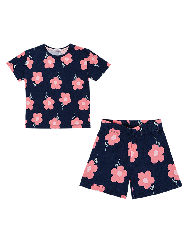 تیشرت و شلوارک دخترانه مدل گل صورتی و سرمه ای  1