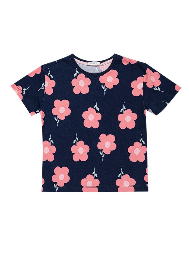 تیشرت و شلوارک دخترانه مدل گل صورتی و سرمه ای  2