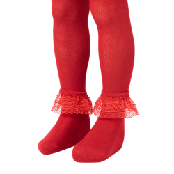 جوراب شلواری دخترانه مدل دور مچ دانتل قرمز