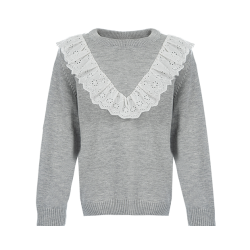 بافت دخترانه مدل یقه هفت گیپور طوسی آیچیلک