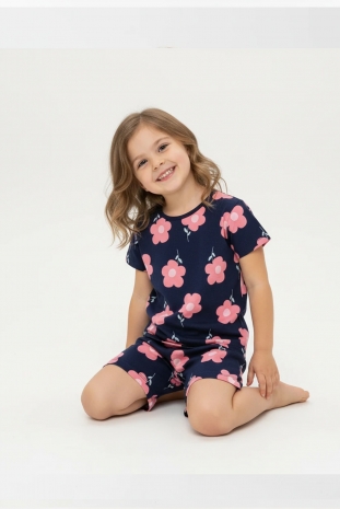 تیشرت و شلوارک دخترانه مدل گل صورتی و سرمه ای 